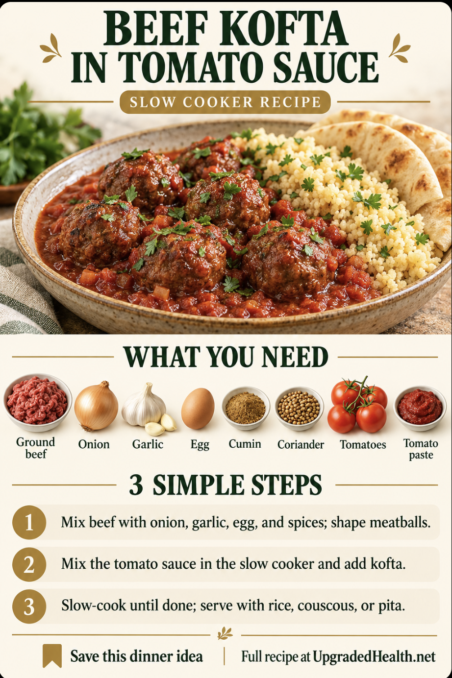 Beef Kofta in Tomato Sauce slow cooker recipe infographic with ingredients and three steps