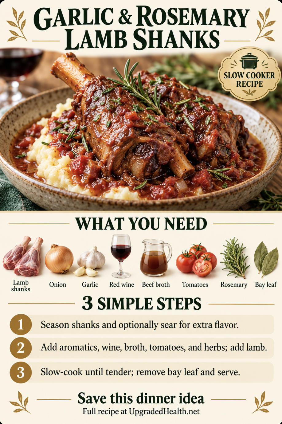 Braised Lamb Shanks with Garlic & Rosemary slow cooker recipe infographic with ingredients and three steps