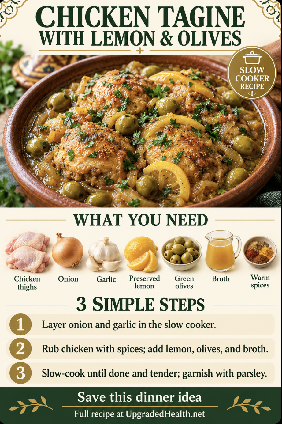 Chicken Tagine with Lemons and Olives slow cooker recipe infographic with ingredients and three steps