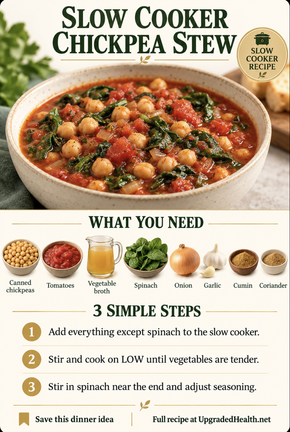 Chickpea Stew slow cooker recipe infographic with ingredients and three steps