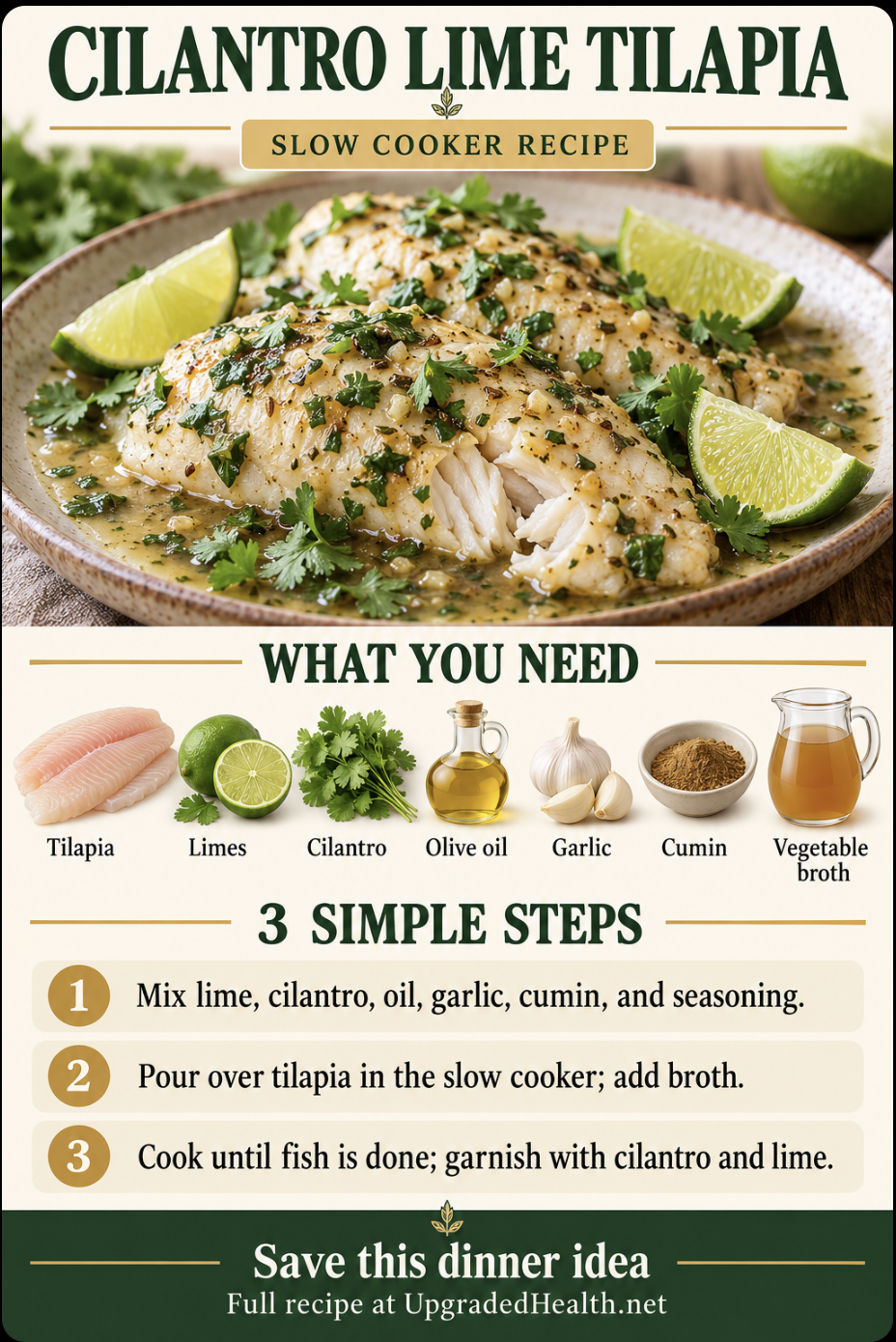 Cilantro Lime Tilapia slow cooker recipe infographic with ingredients and three steps