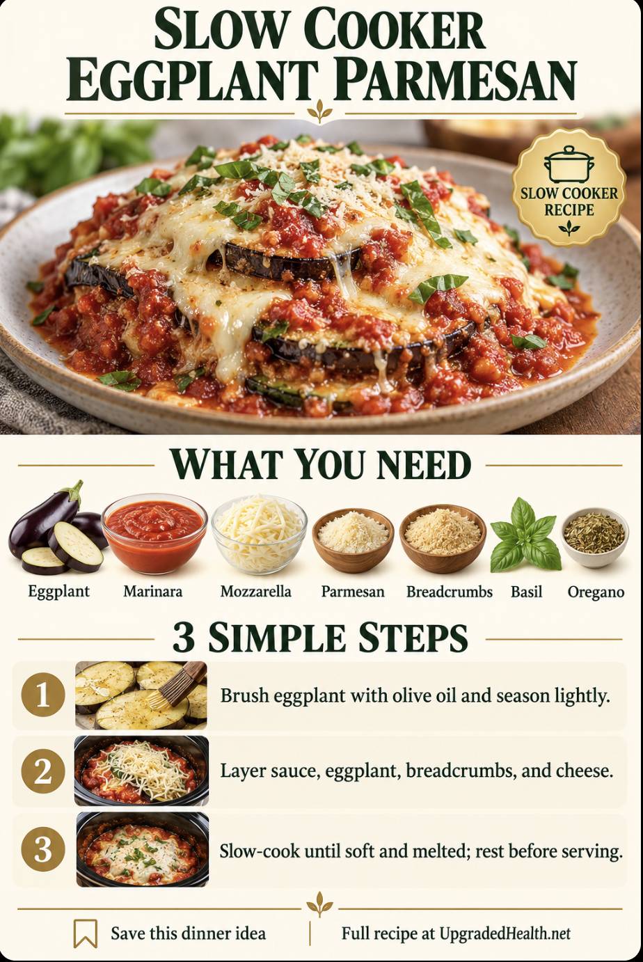 Eggplant Parmesan slow cooker recipe infographic with ingredients and three steps