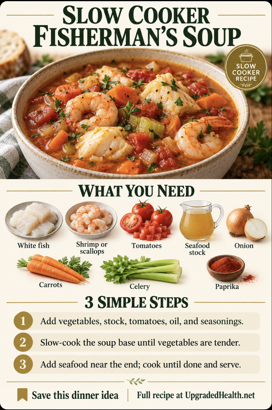 Fisherman’s Soup slow cooker recipe infographic with ingredients and three steps