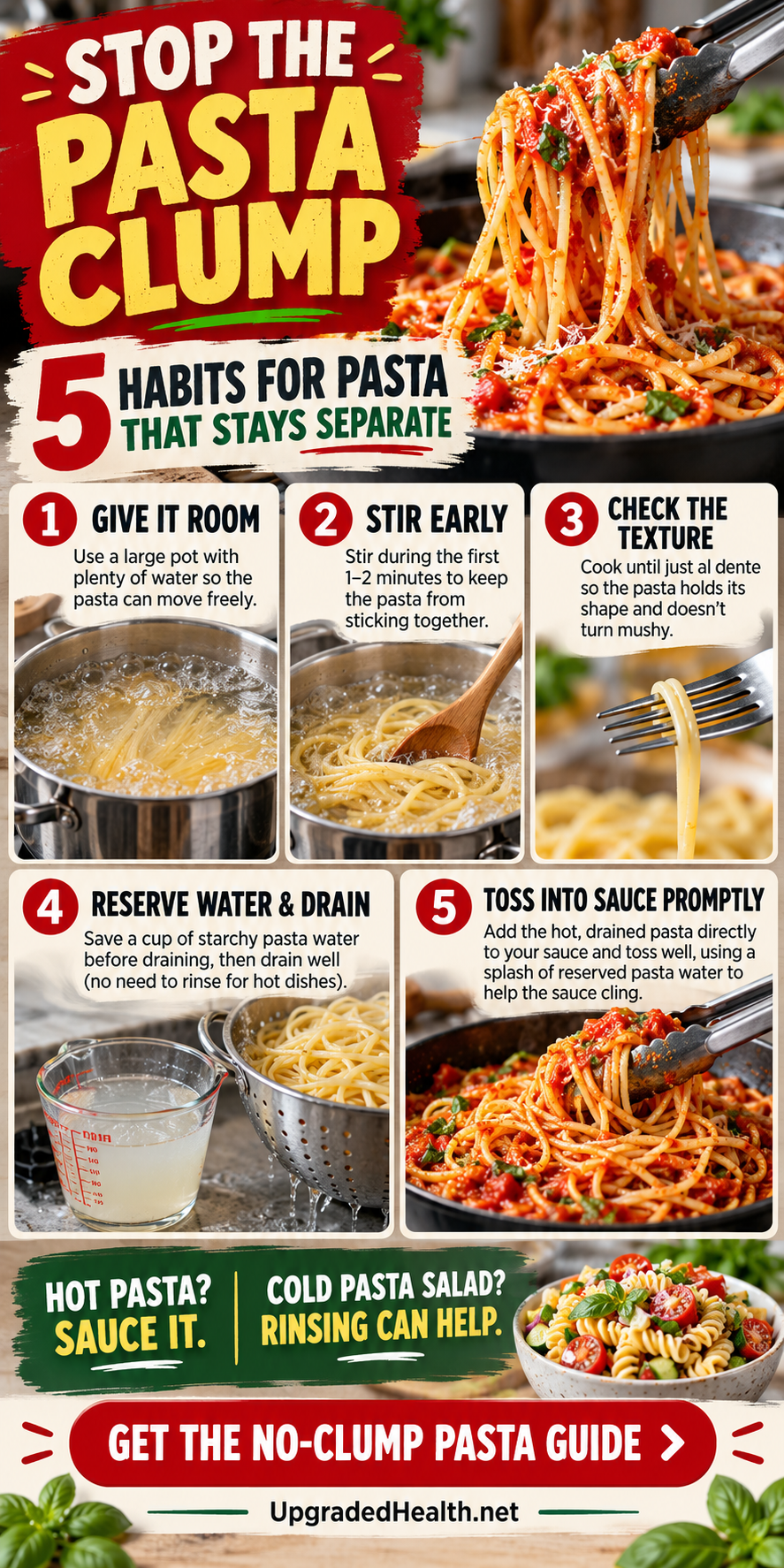 How to Keep Cooked Pasta From Sticking Together — illustrated kitchen guide.