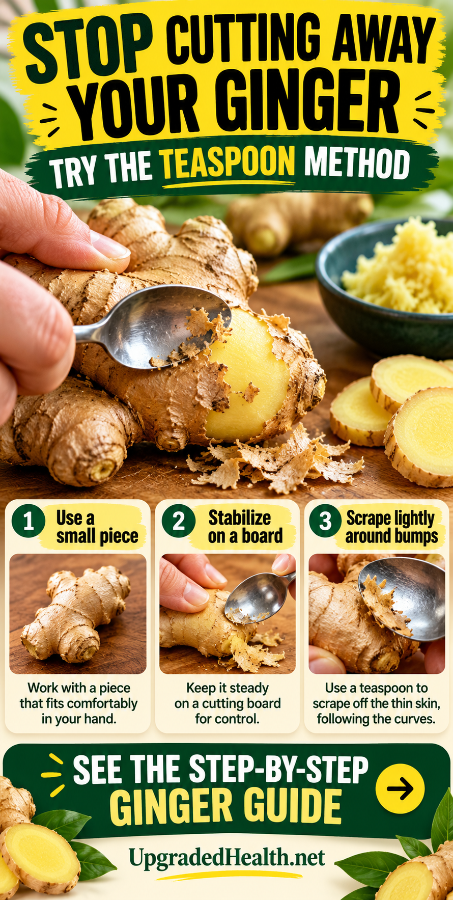 How to Peel Ginger With a Spoon and Waste Less — illustrated kitchen guide.