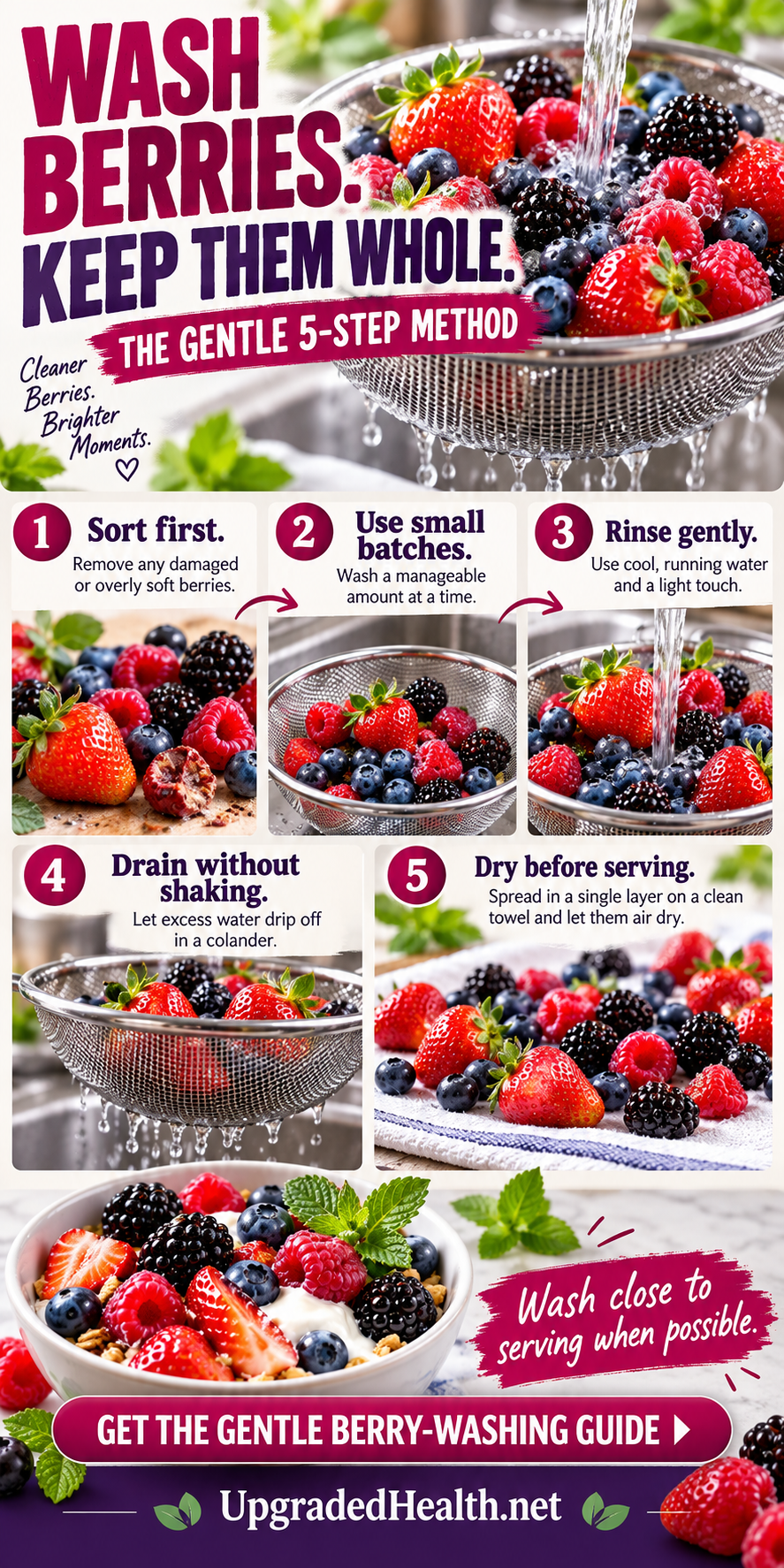 How to Wash Berries Without Crushing Them — illustrated kitchen guide.