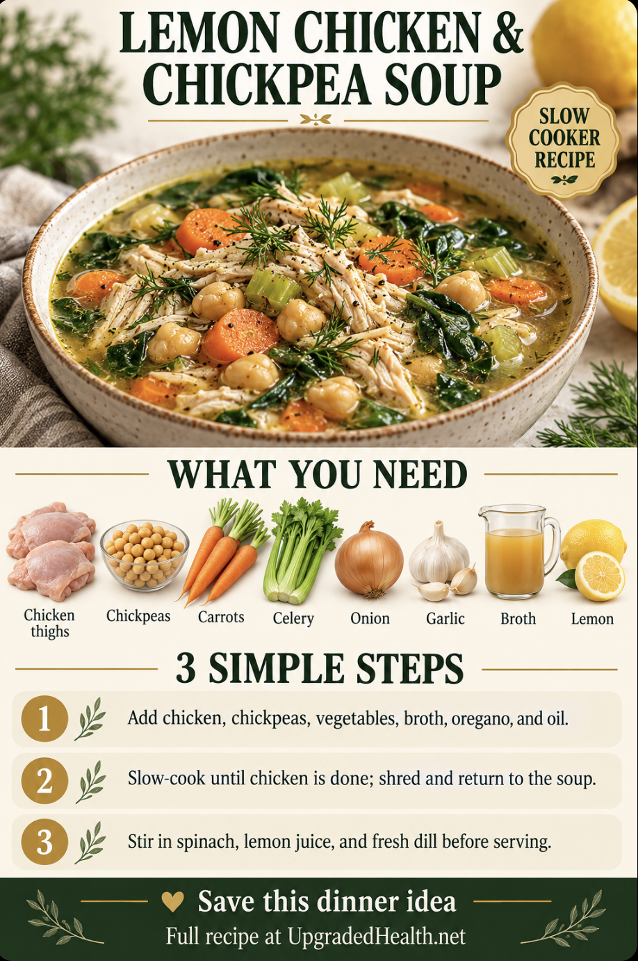 Lemon Chicken and Chickpea Soup slow cooker recipe infographic with ingredients and three steps