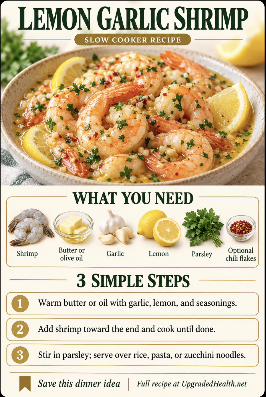 Lemon Garlic Shrimp slow cooker recipe infographic with ingredients and three steps