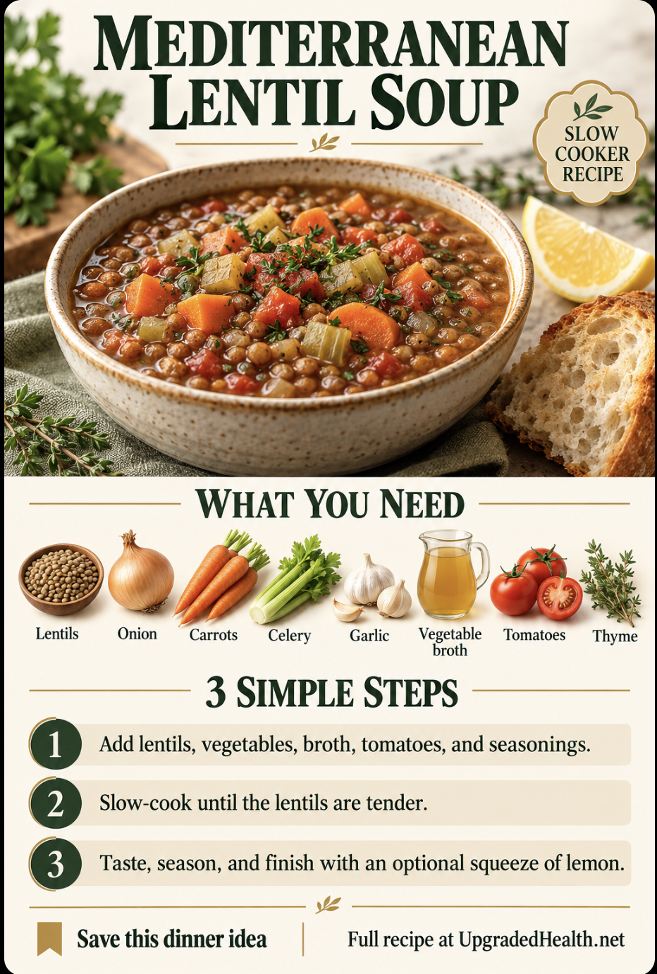 Lentil Soup slow cooker recipe infographic with ingredients and three steps