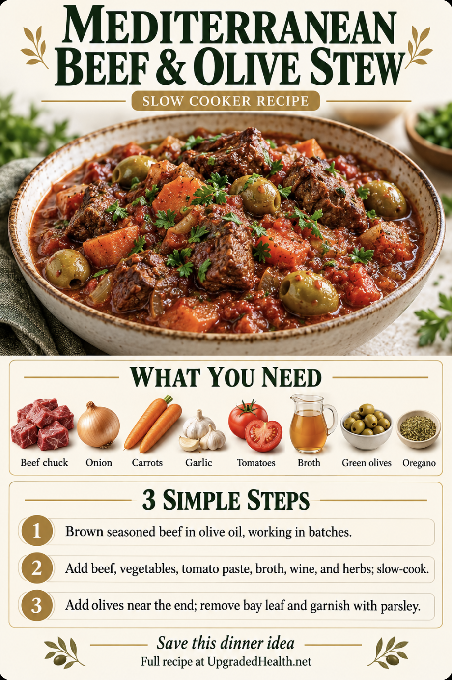 Mediterranean Beef Stew with Olives slow cooker recipe infographic with ingredients and three steps
