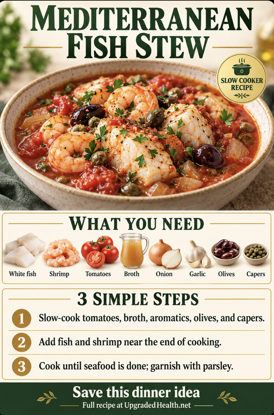 Mediterranean Fish Stew slow cooker recipe infographic with ingredients and three steps