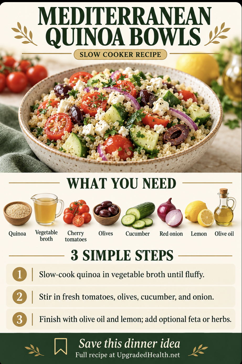 Mediterranean Quinoa Bowl slow cooker recipe infographic with ingredients and three steps