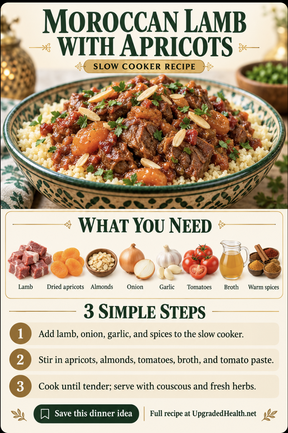 Moroccan Lamb Curry with Apricots & Almonds slow cooker recipe infographic with ingredients and three steps