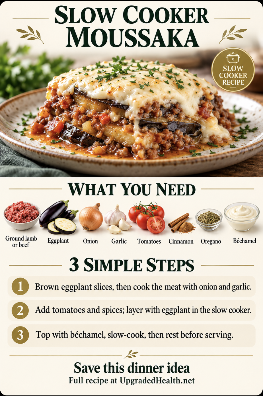 Moussaka (Slow Cooker Version) slow cooker recipe infographic with ingredients and three steps