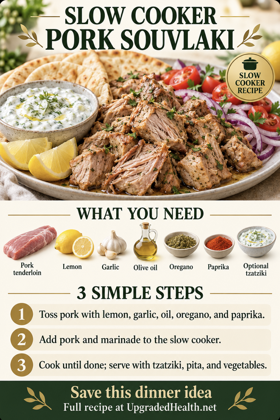 Pork Souvlaki Skewers (Slow Cooker Style) slow cooker recipe infographic with ingredients and three steps