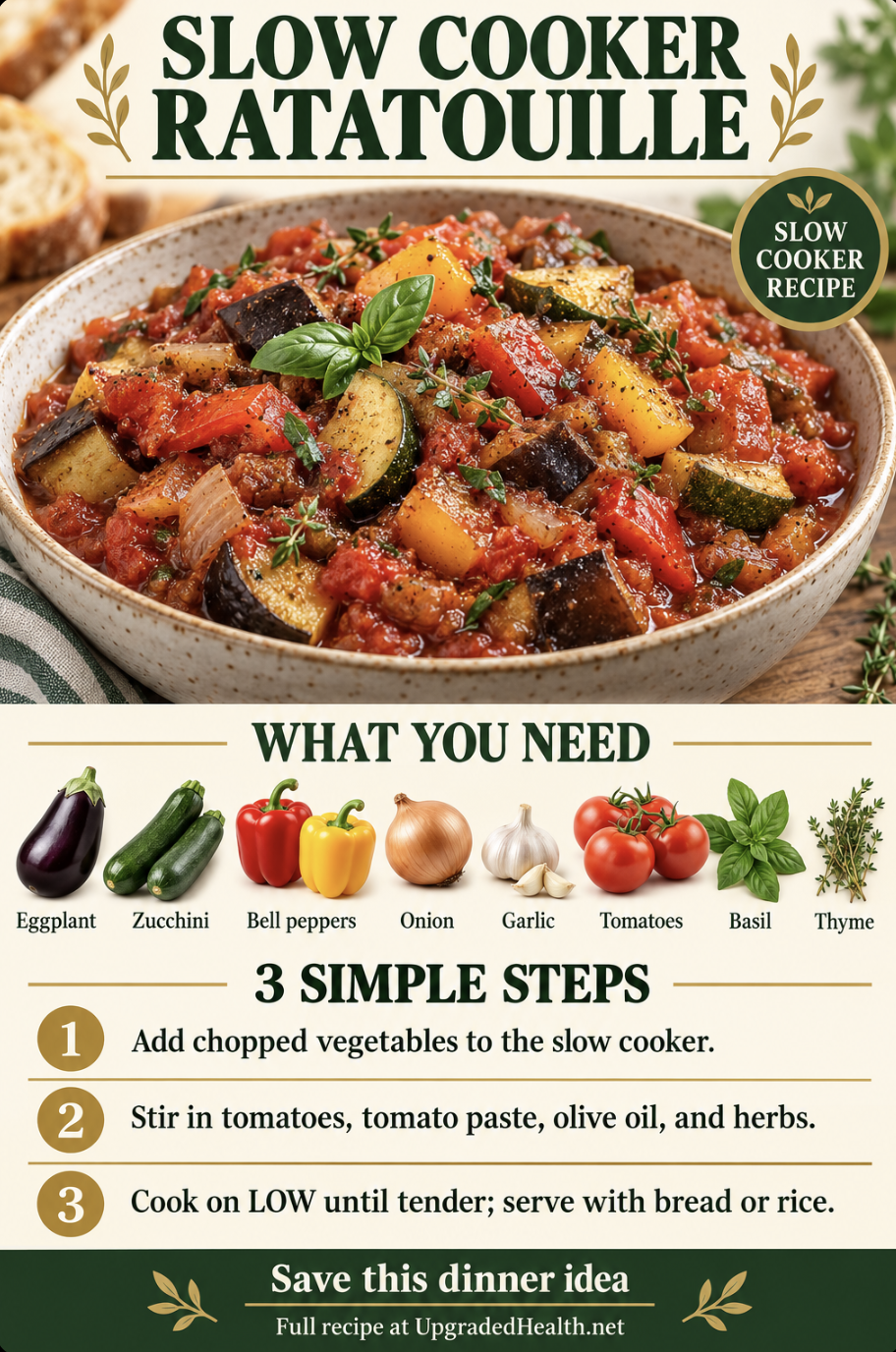 Ratatouille slow cooker recipe infographic with ingredients and three steps