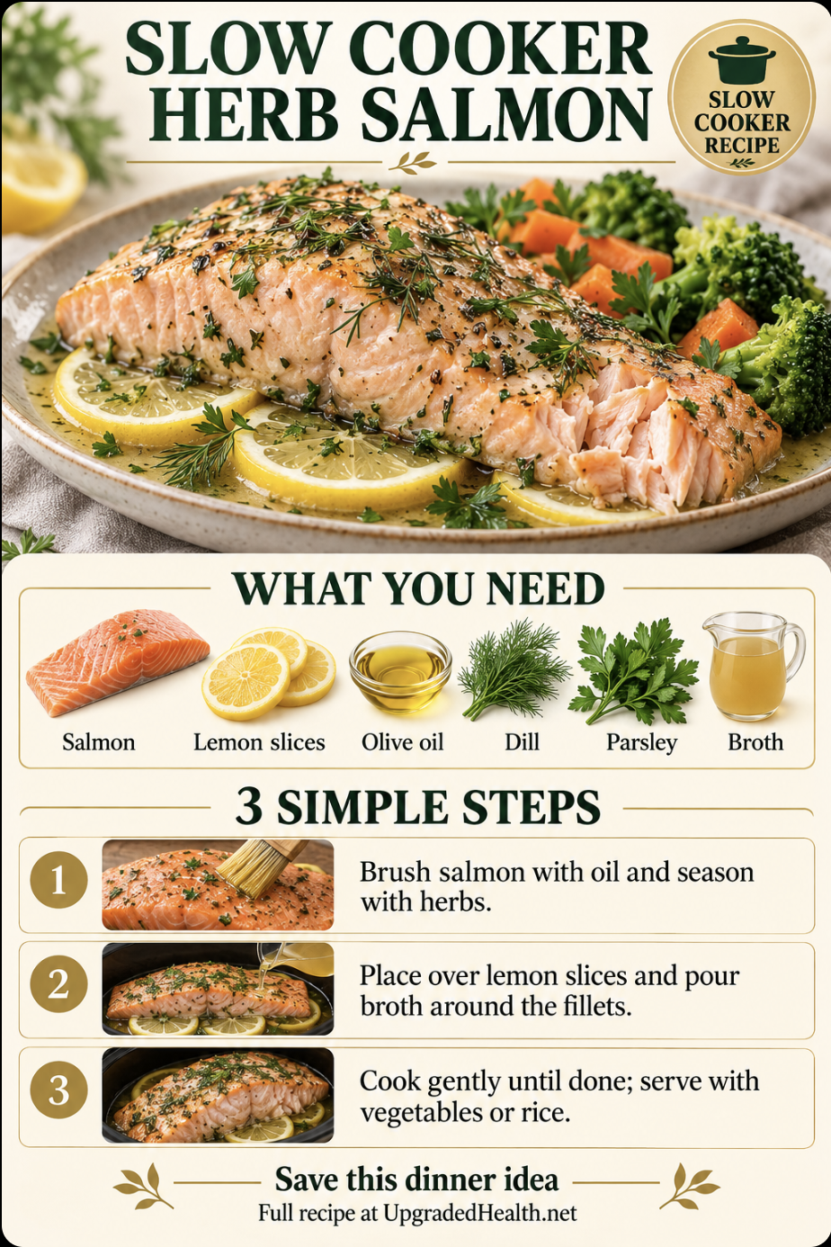 Salmon with Herbs slow cooker recipe infographic with ingredients and three steps