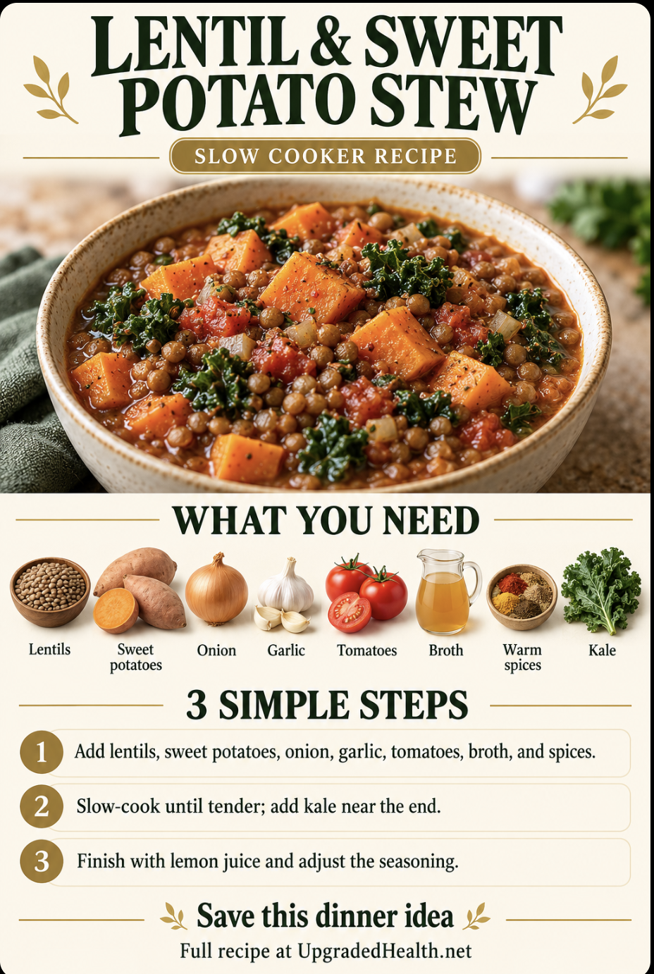 Spiced Lentil and Sweet Potato Stew slow cooker recipe infographic with ingredients and three steps