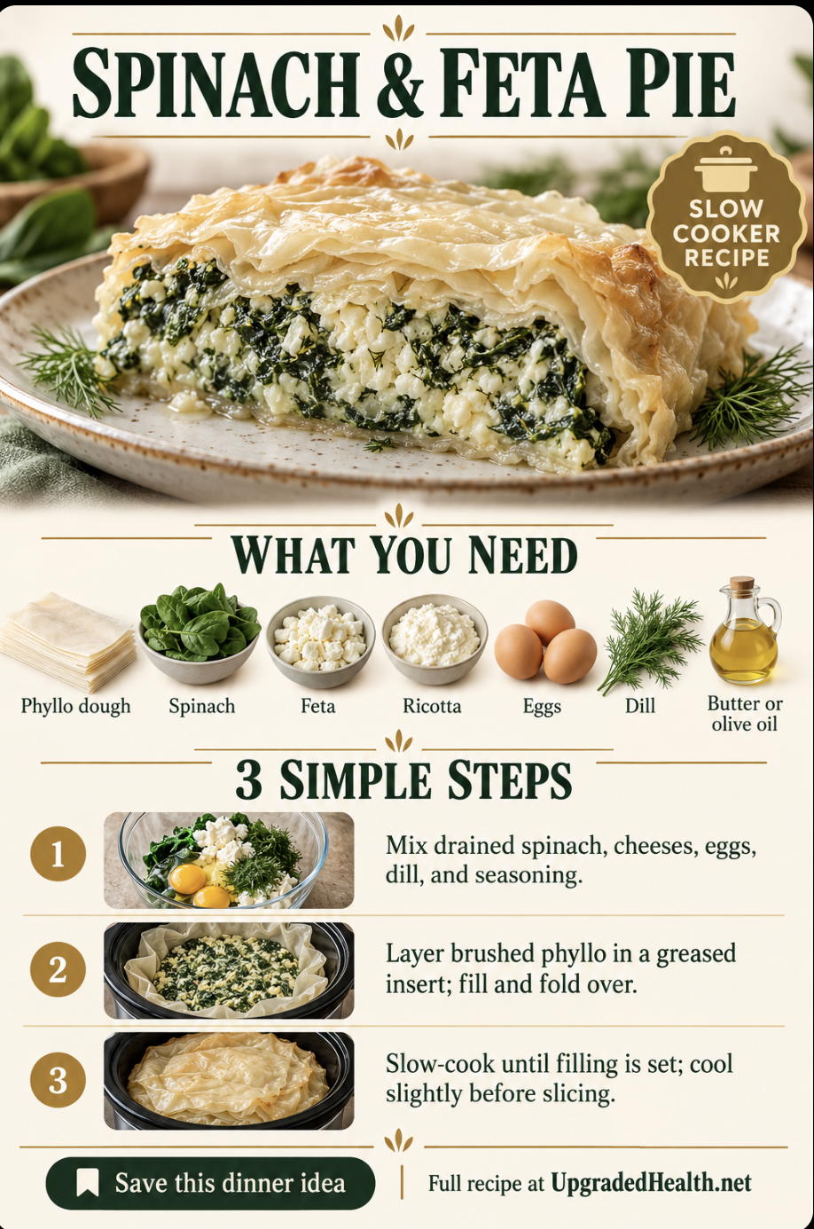 Spinach and Feta Pie slow cooker recipe infographic with ingredients and three steps