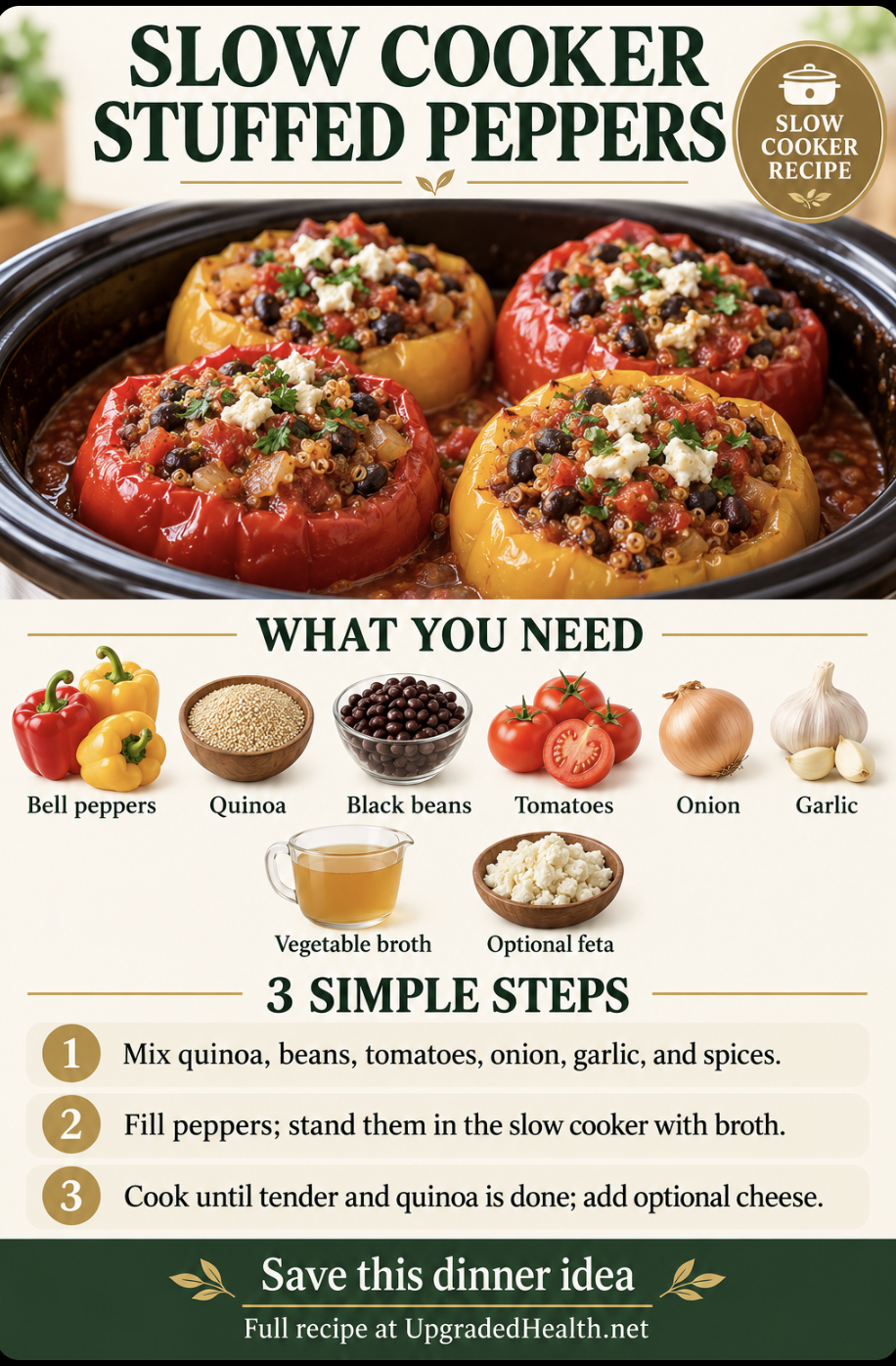 Stuffed Peppers slow cooker recipe infographic with ingredients and three steps