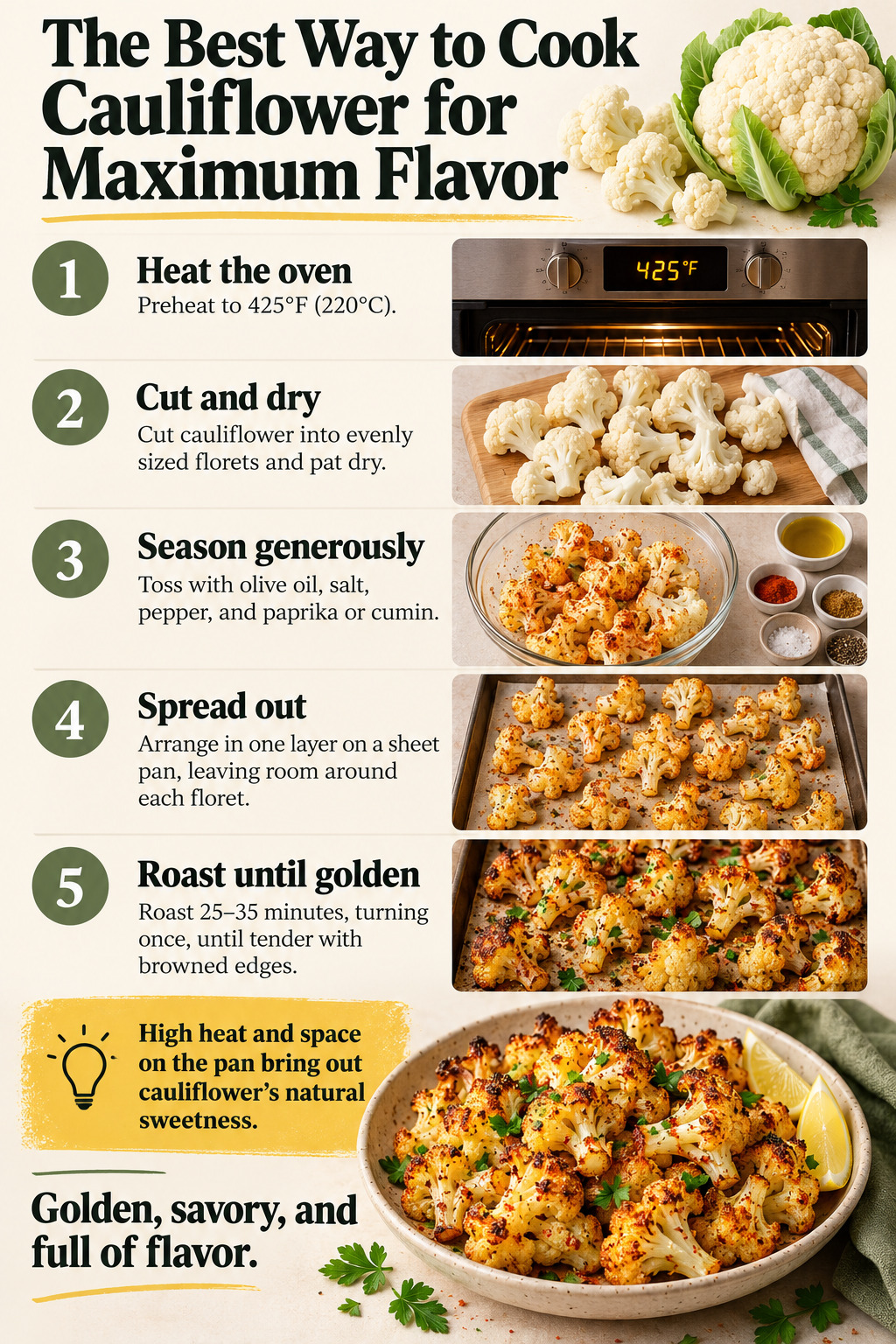 The Best Way to Cook Cauliflower for Maximum Flavor — five-step cooking infographic