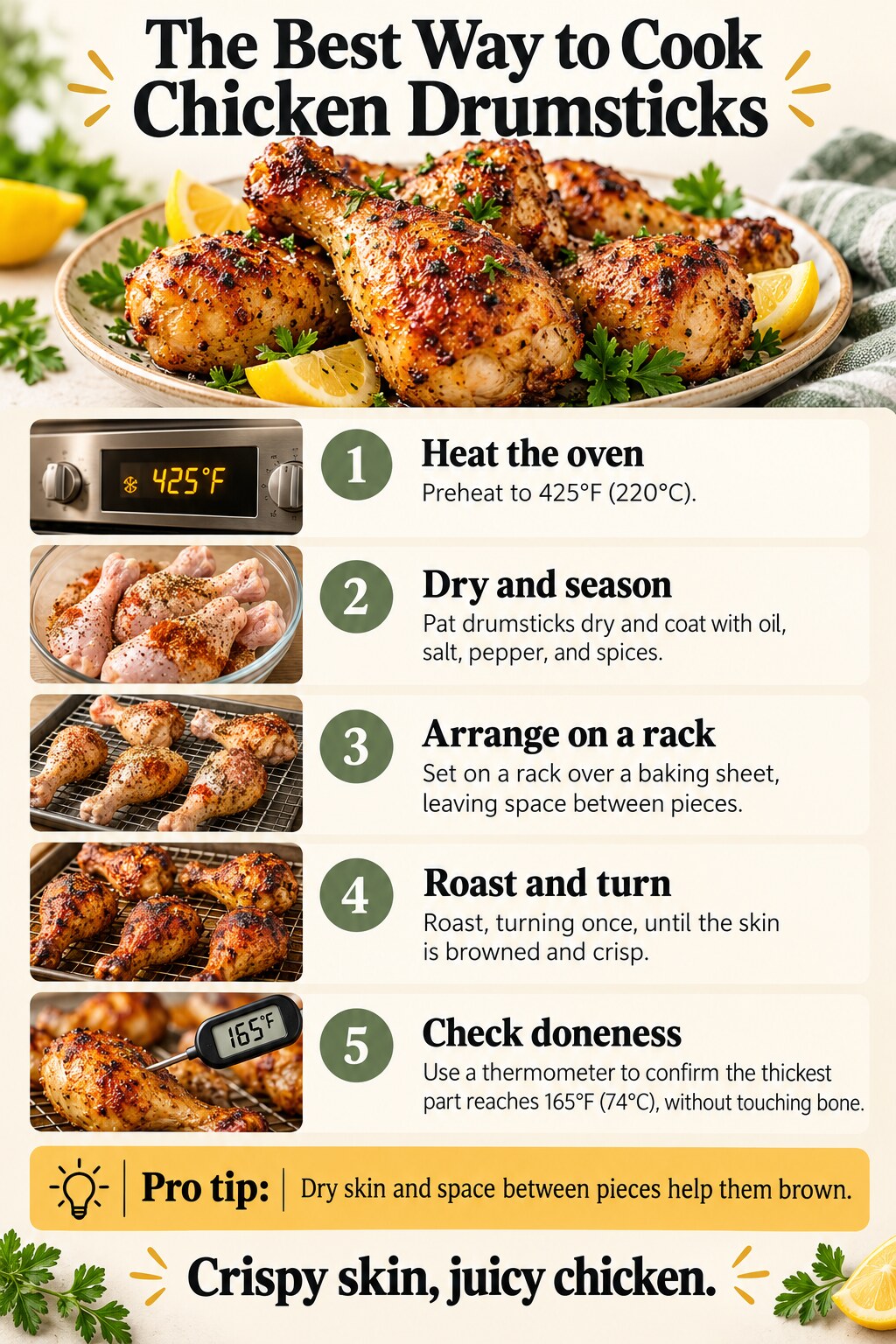 The Best Way to Cook Chicken Drumsticks — five-step cooking infographic