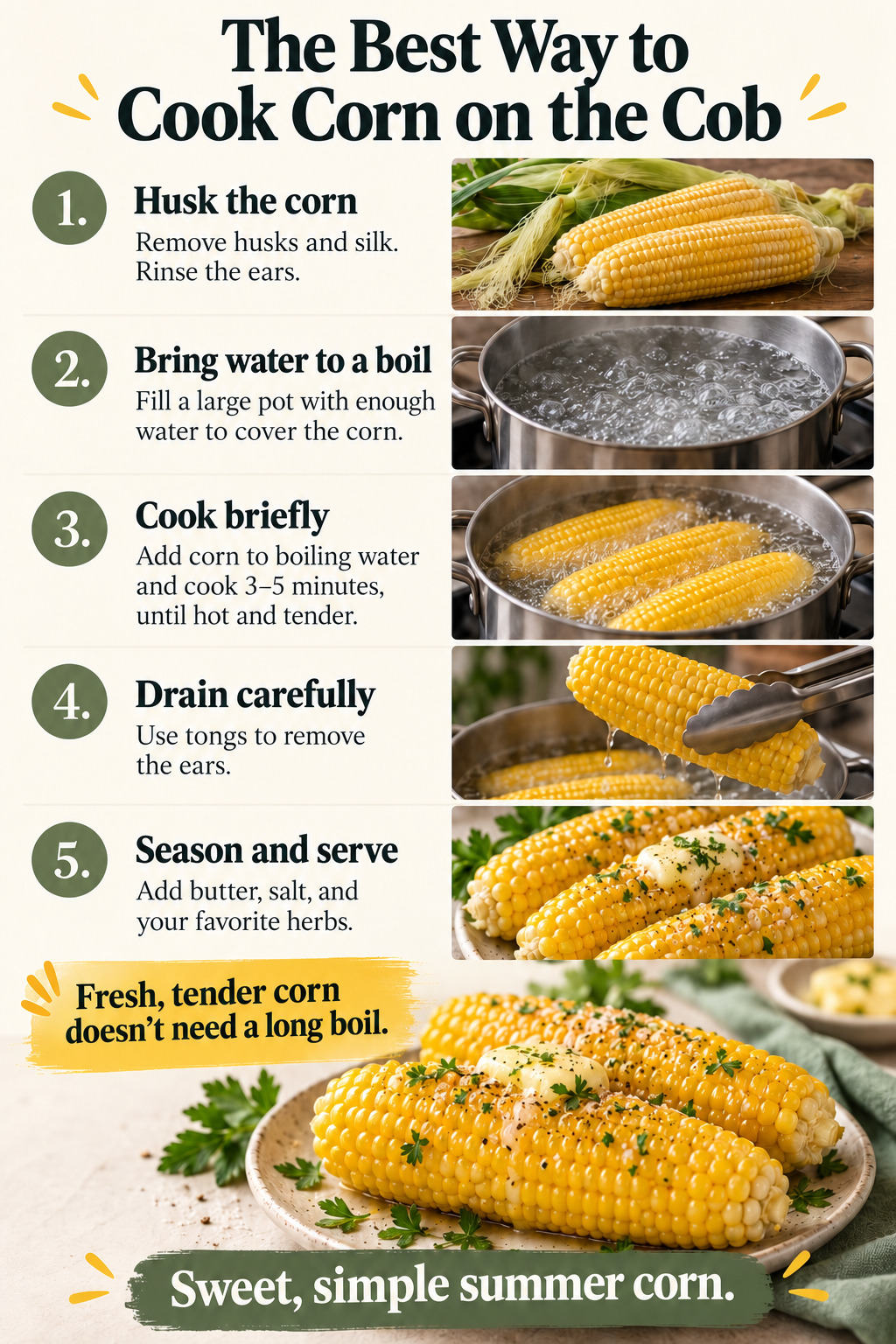 The Best Way to Cook Corn on the Cob — five-step cooking infographic