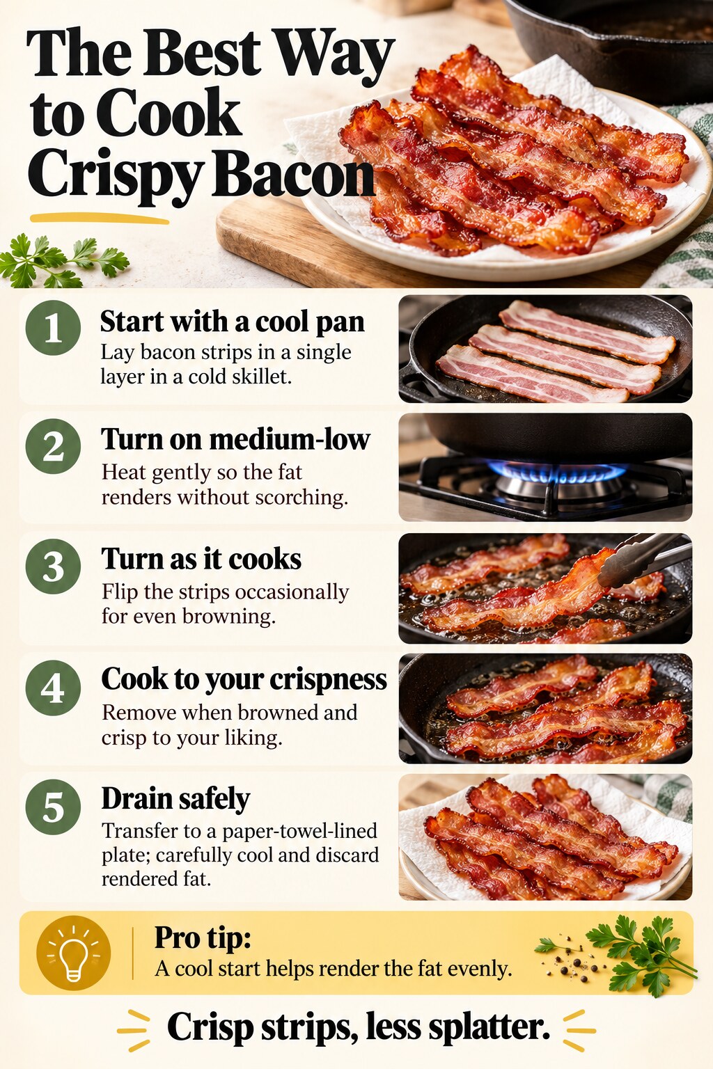 The Best Way to Cook Crispy Bacon — five-step cooking infographic