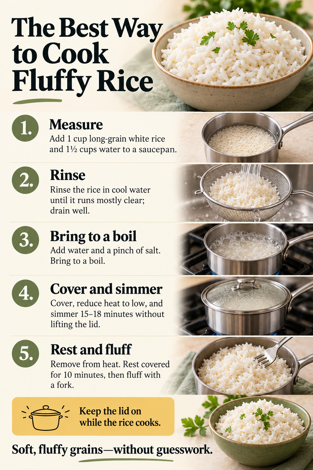 The Best Way to Cook Fluffy Rice — five-step cooking infographic