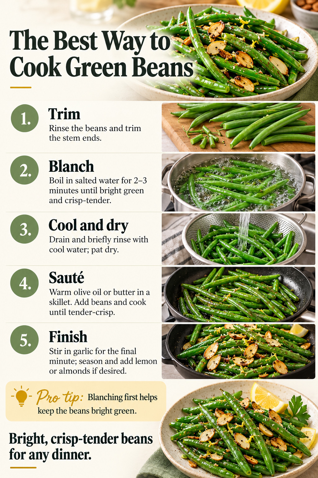 The Best Way to Cook Green Beans — five-step cooking infographic