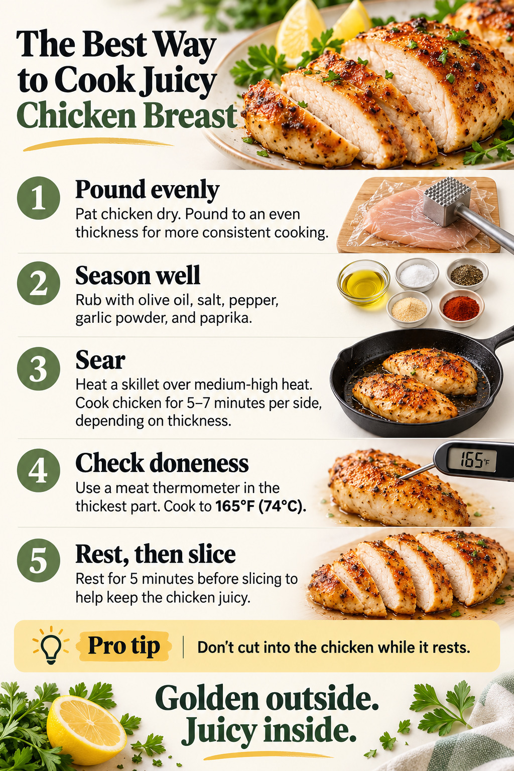 The Best Way to Cook Juicy Chicken Breast — five-step cooking infographic