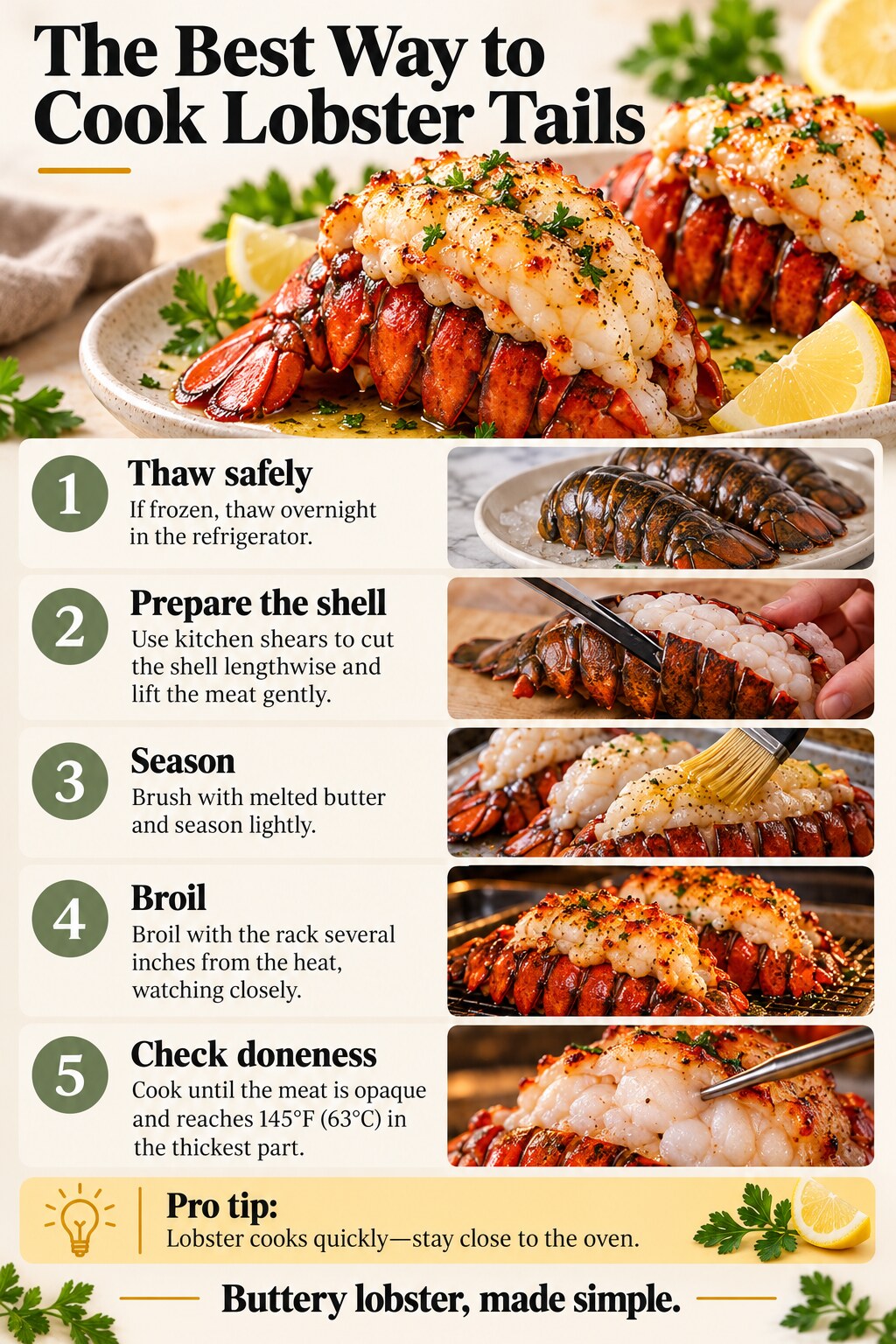 The Best Way to Cook Lobster Tails — five-step cooking infographic