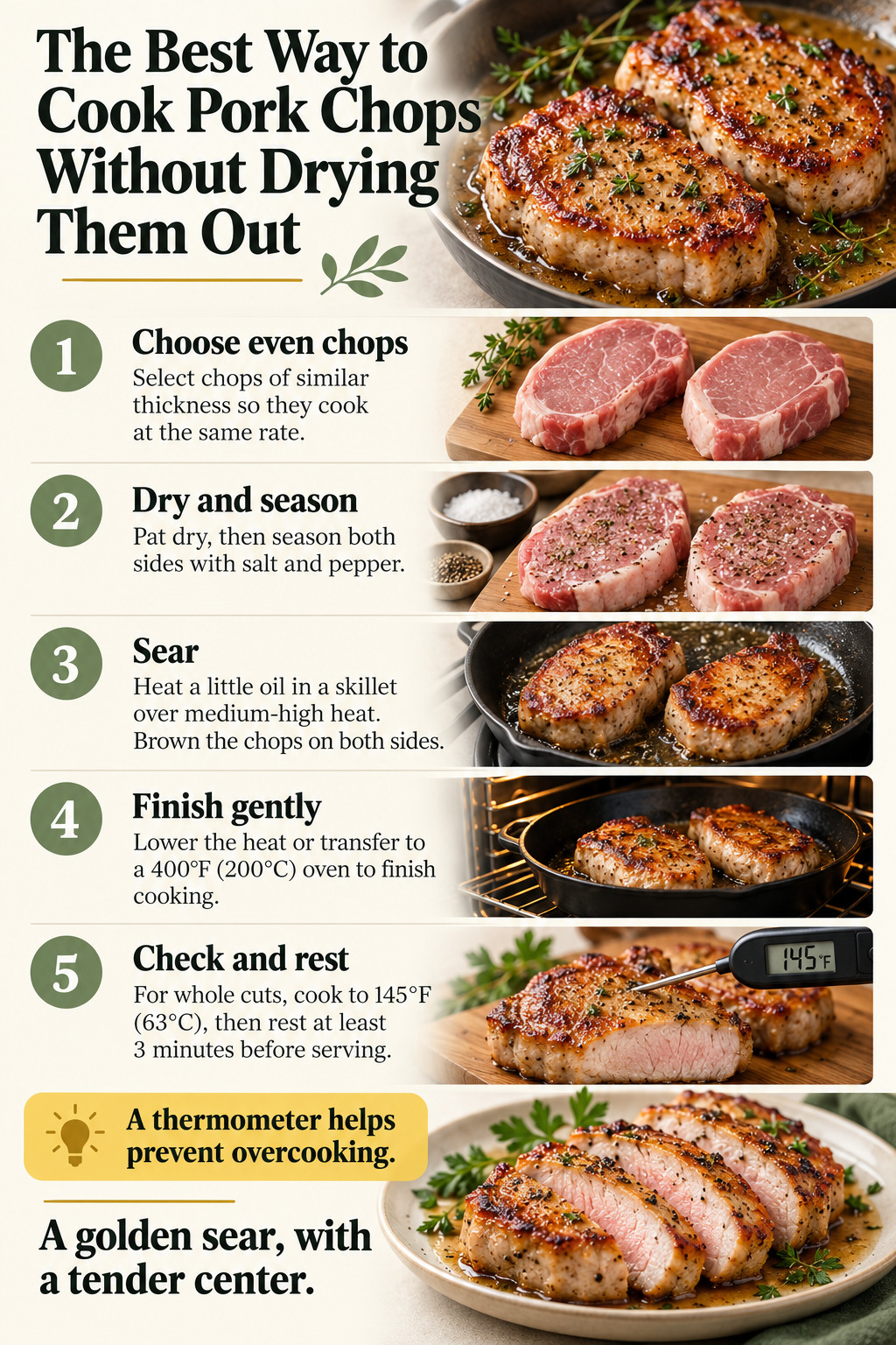 The Best Way to Cook Pork Chops Without Drying Them Out — five-step cooking infographic