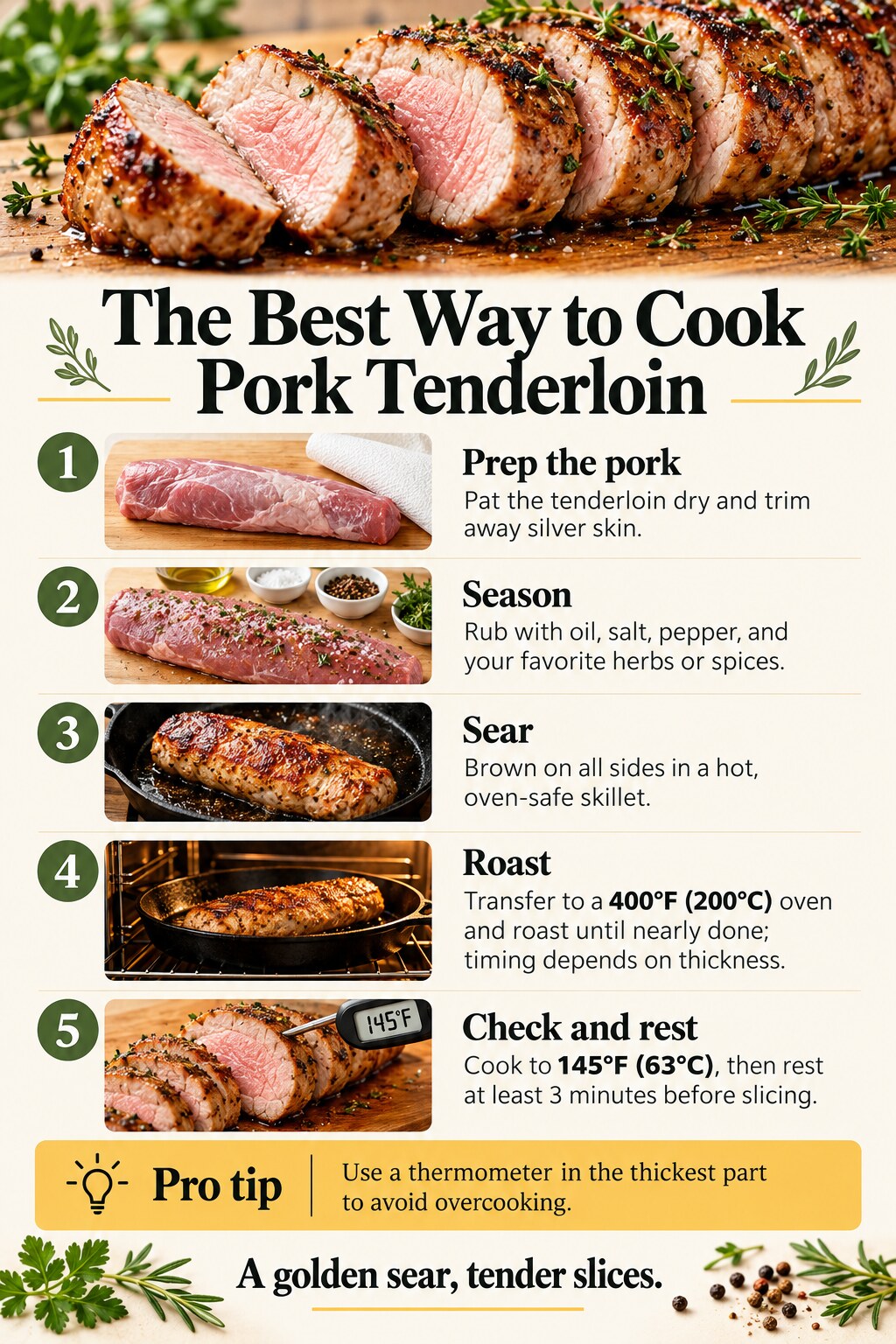 The Best Way to Cook Pork Tenderloin — five-step cooking infographic
