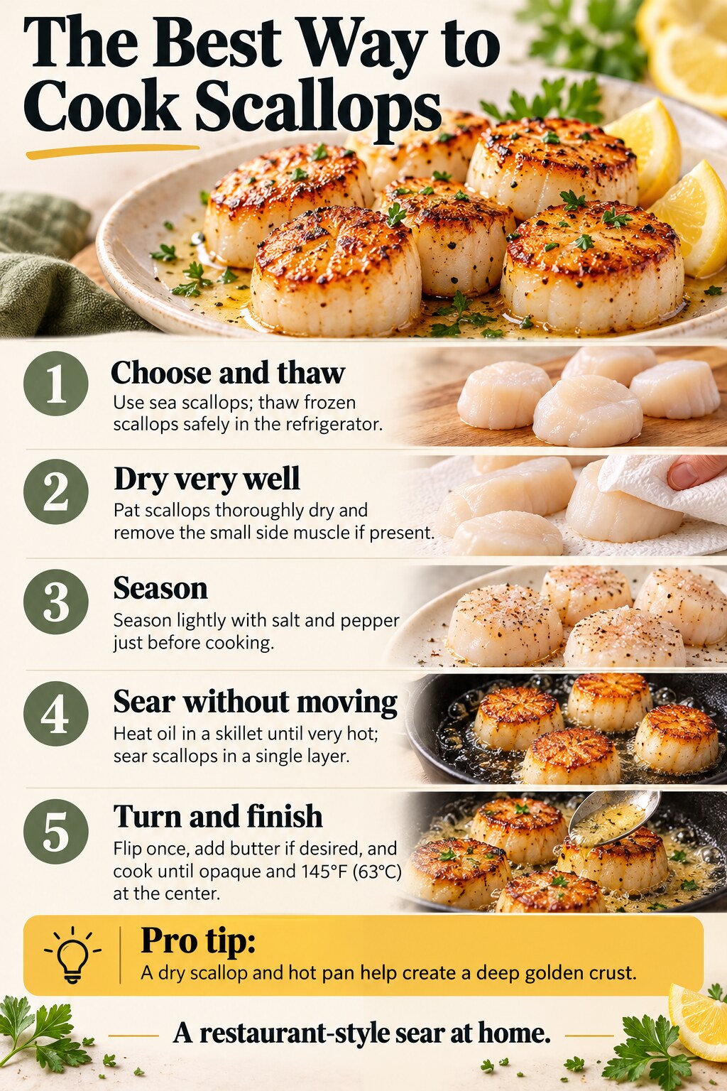 The Best Way to Cook Scallops — five-step cooking infographic
