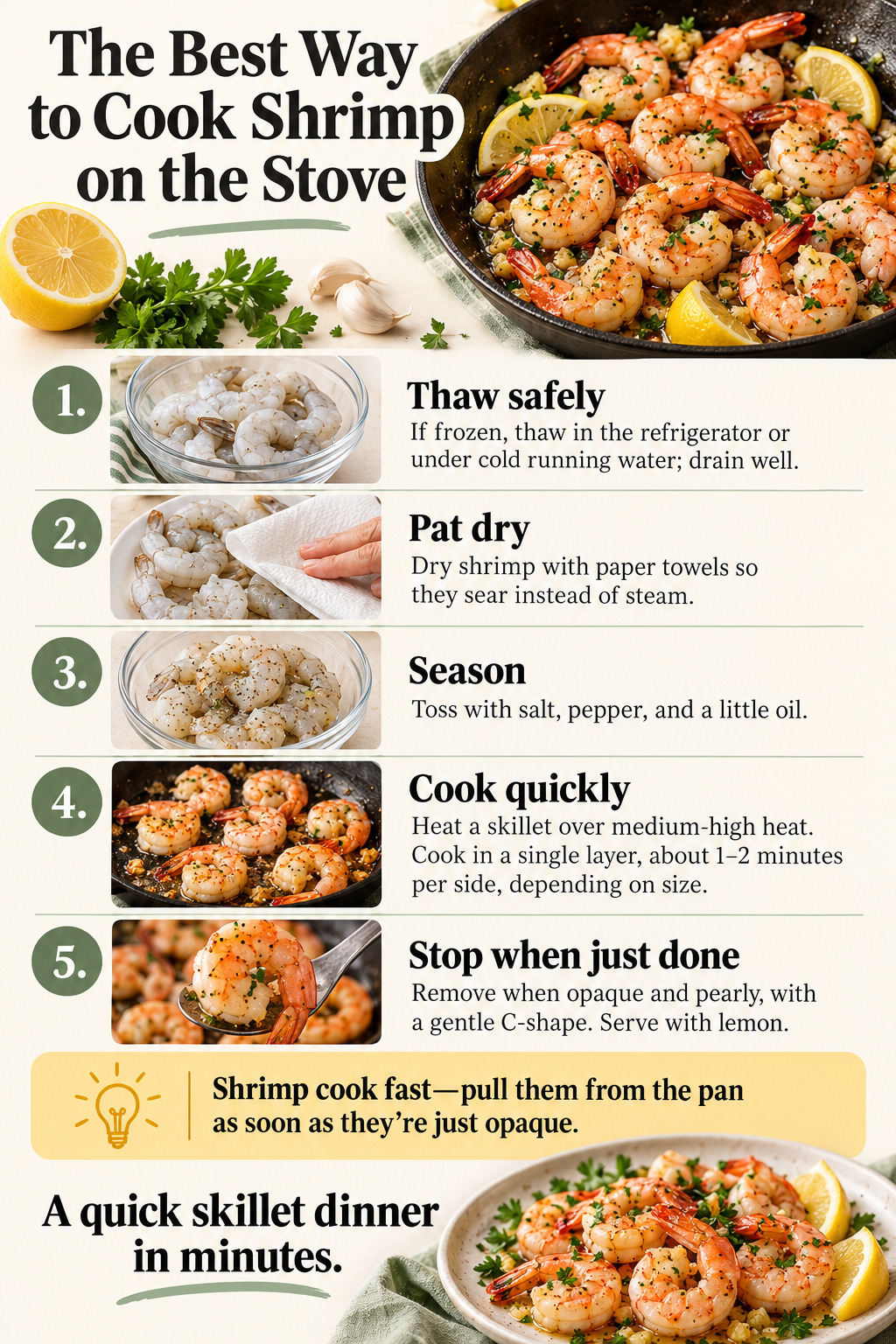 The Best Way to Cook Shrimp on the Stove — five-step cooking infographic