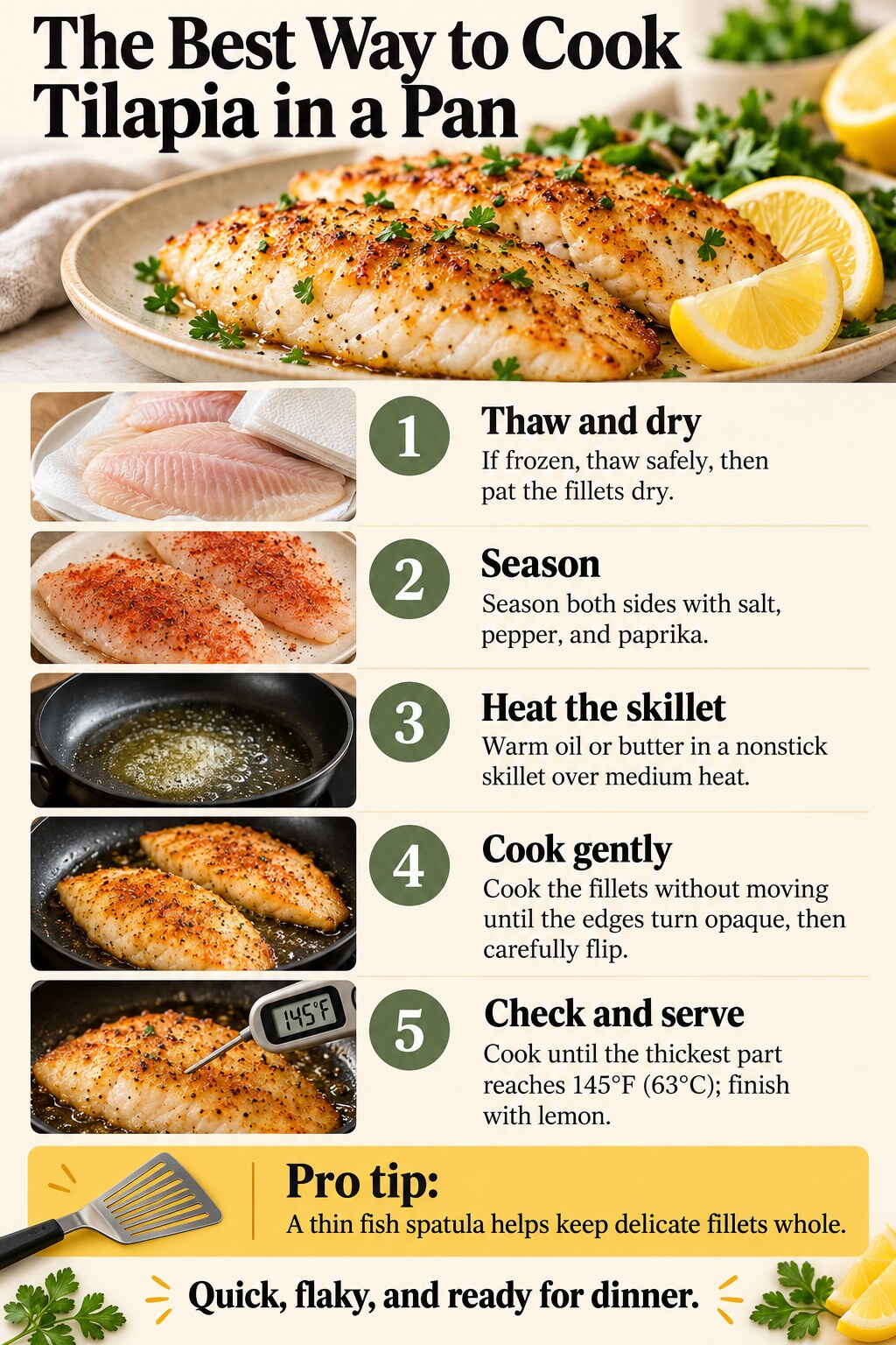 The Best Way to Cook Tilapia in a Pan — five-step cooking infographic