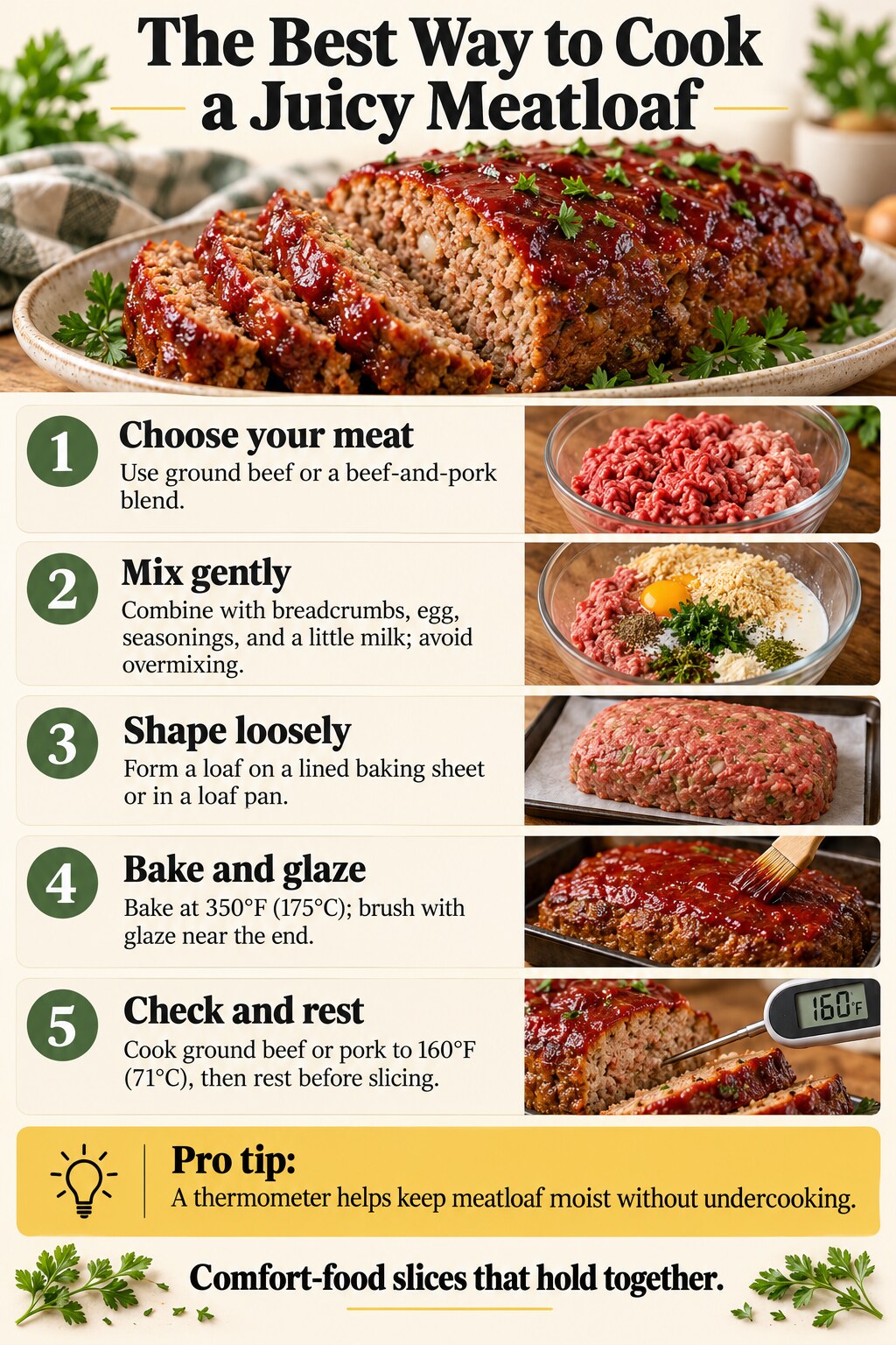 The Best Way to Cook a Juicy Meatloaf — five-step cooking infographic