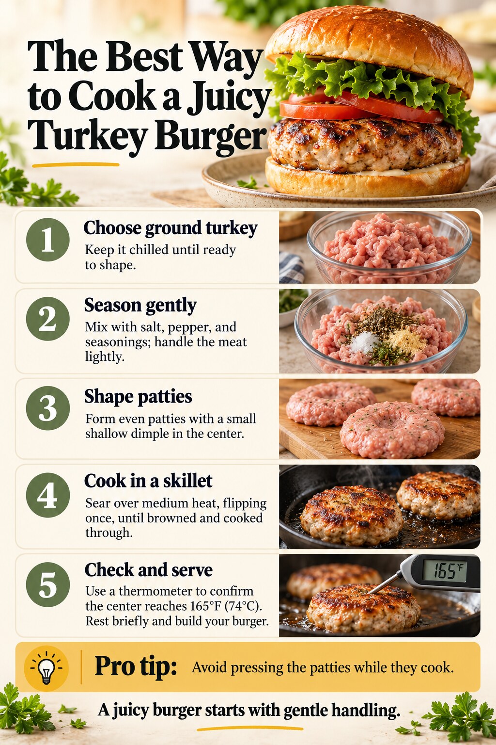 The Best Way to Cook a Juicy Turkey Burger — five-step cooking infographic