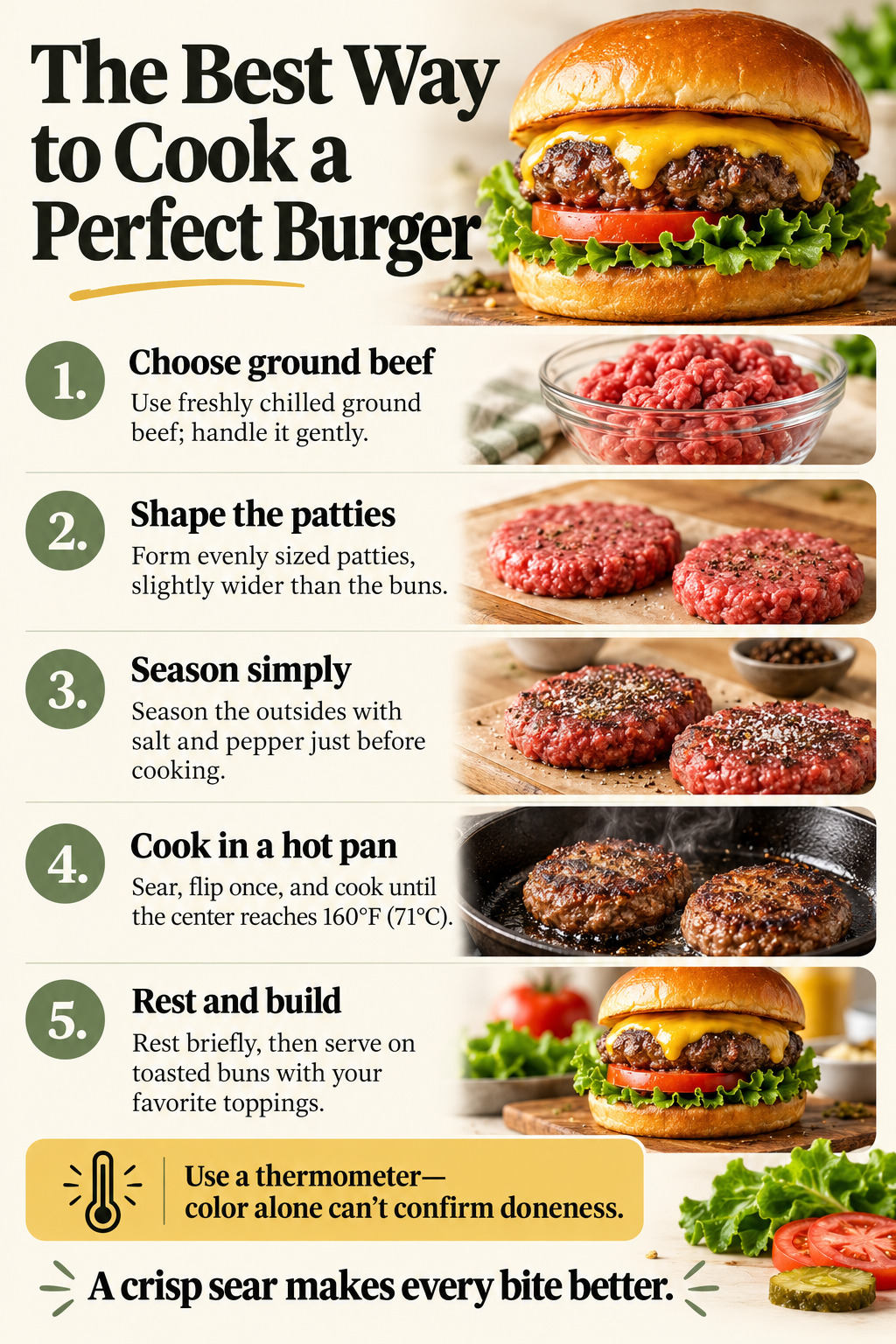 The Best Way to Cook a Perfect Burger — five-step cooking infographic