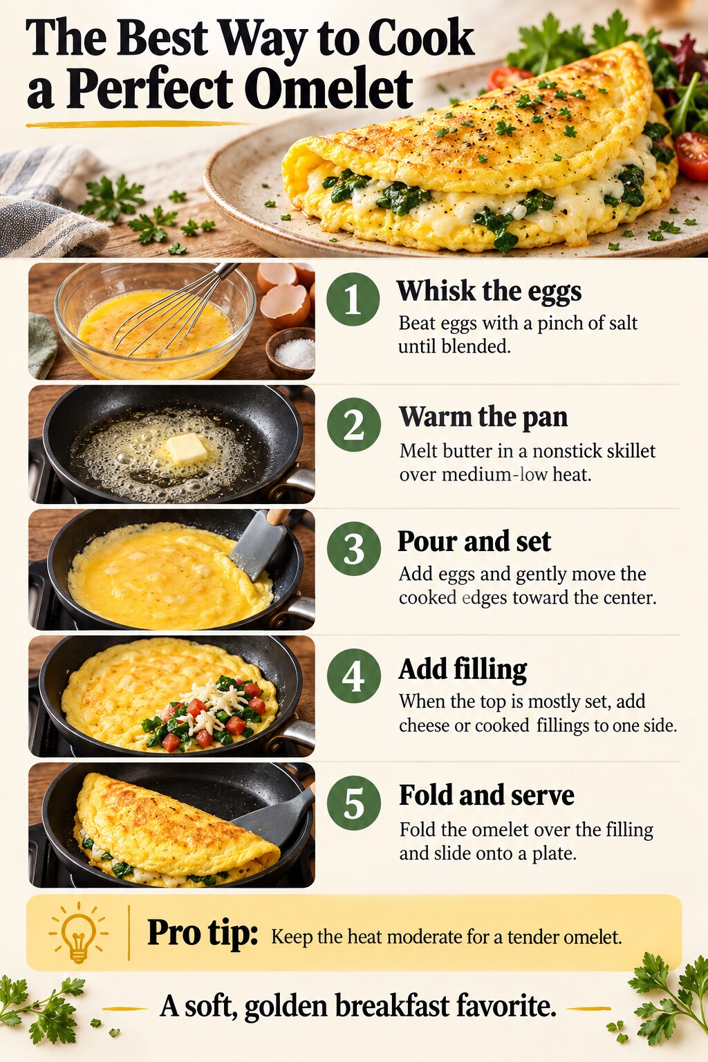 The Best Way to Cook a Perfect Omelet — five-step cooking infographic