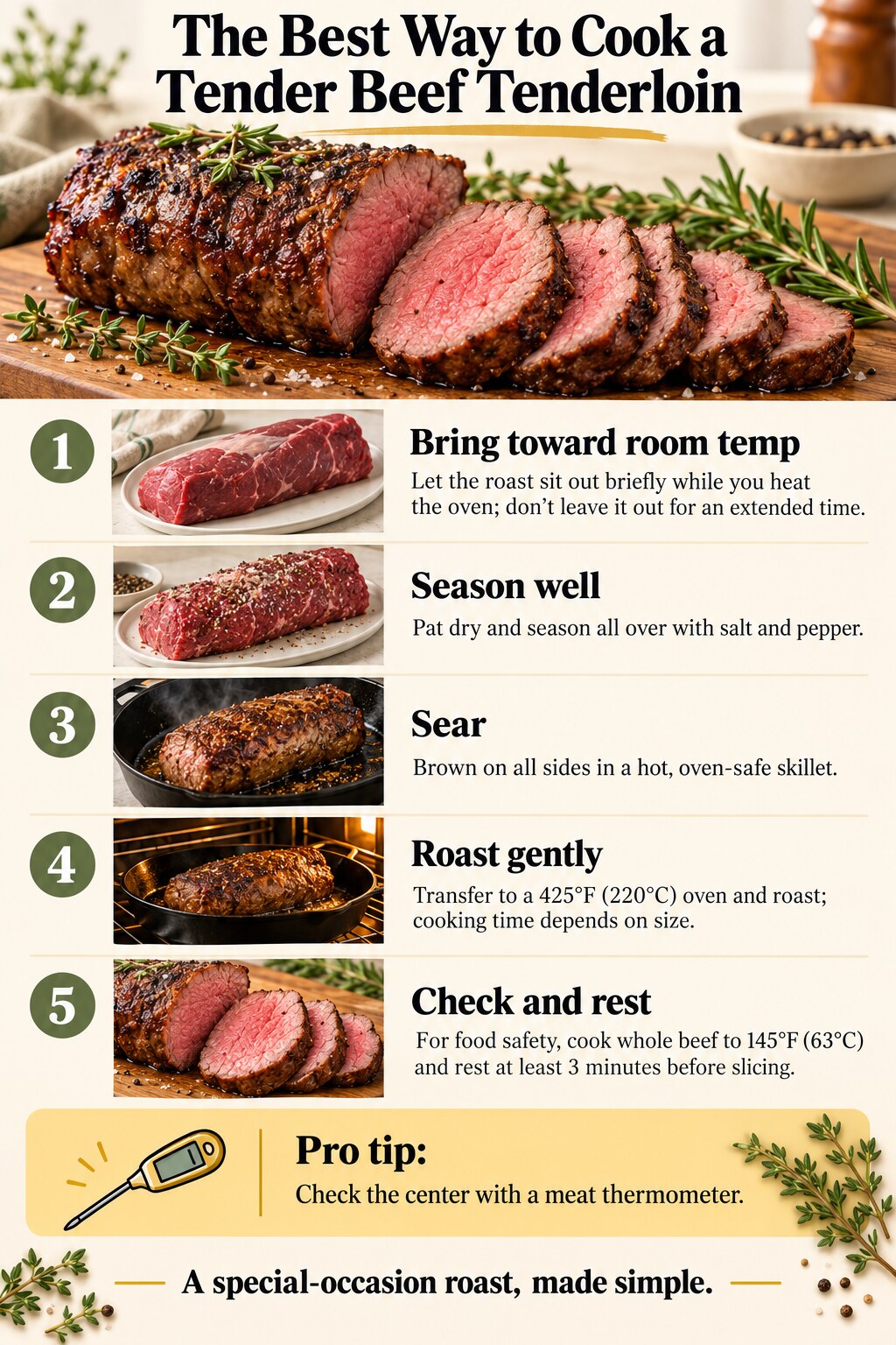 The Best Way to Cook a Tender Beef Tenderloin — five-step cooking infographic
