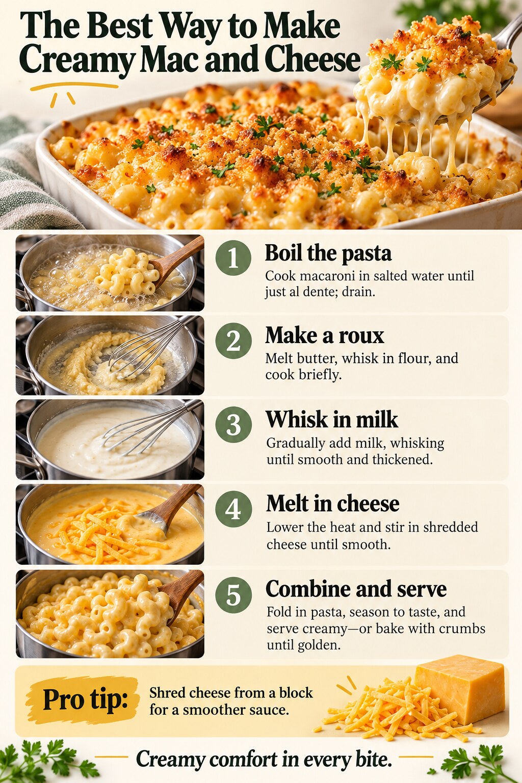 The Best Way to Make Creamy Mac and Cheese — five-step cooking infographic