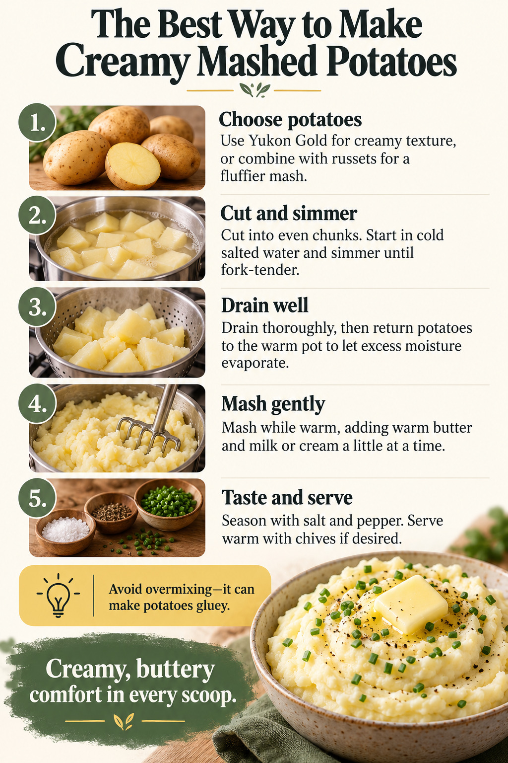 The Best Way to Make Creamy Mashed Potatoes — five-step cooking infographic