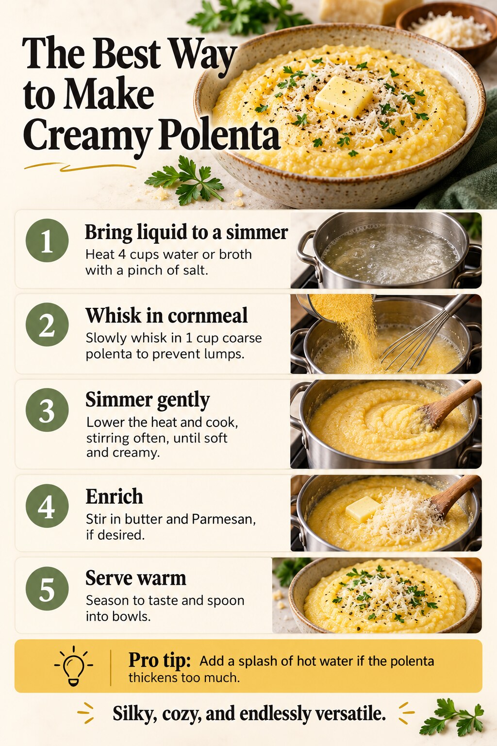 The Best Way to Make Creamy Polenta — five-step cooking infographic
