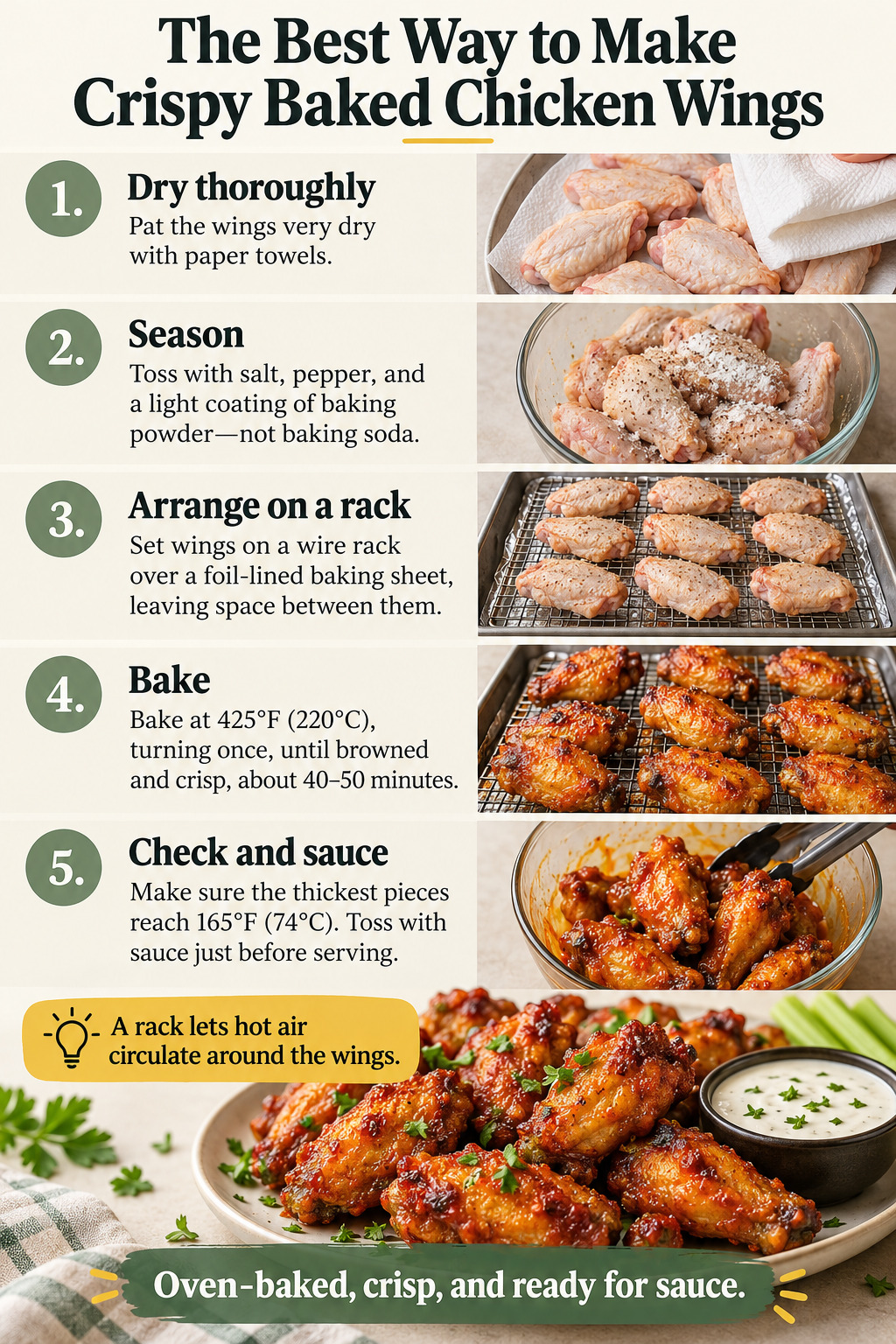 The Best Way to Make Crispy Baked Chicken Wings — five-step cooking infographic
