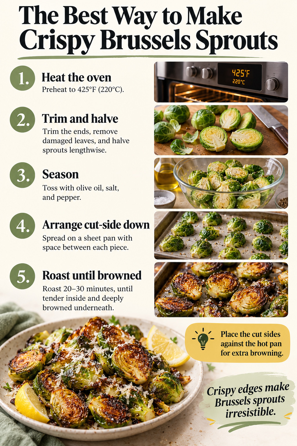 The Best Way to Make Crispy Brussels Sprouts — five-step cooking infographic