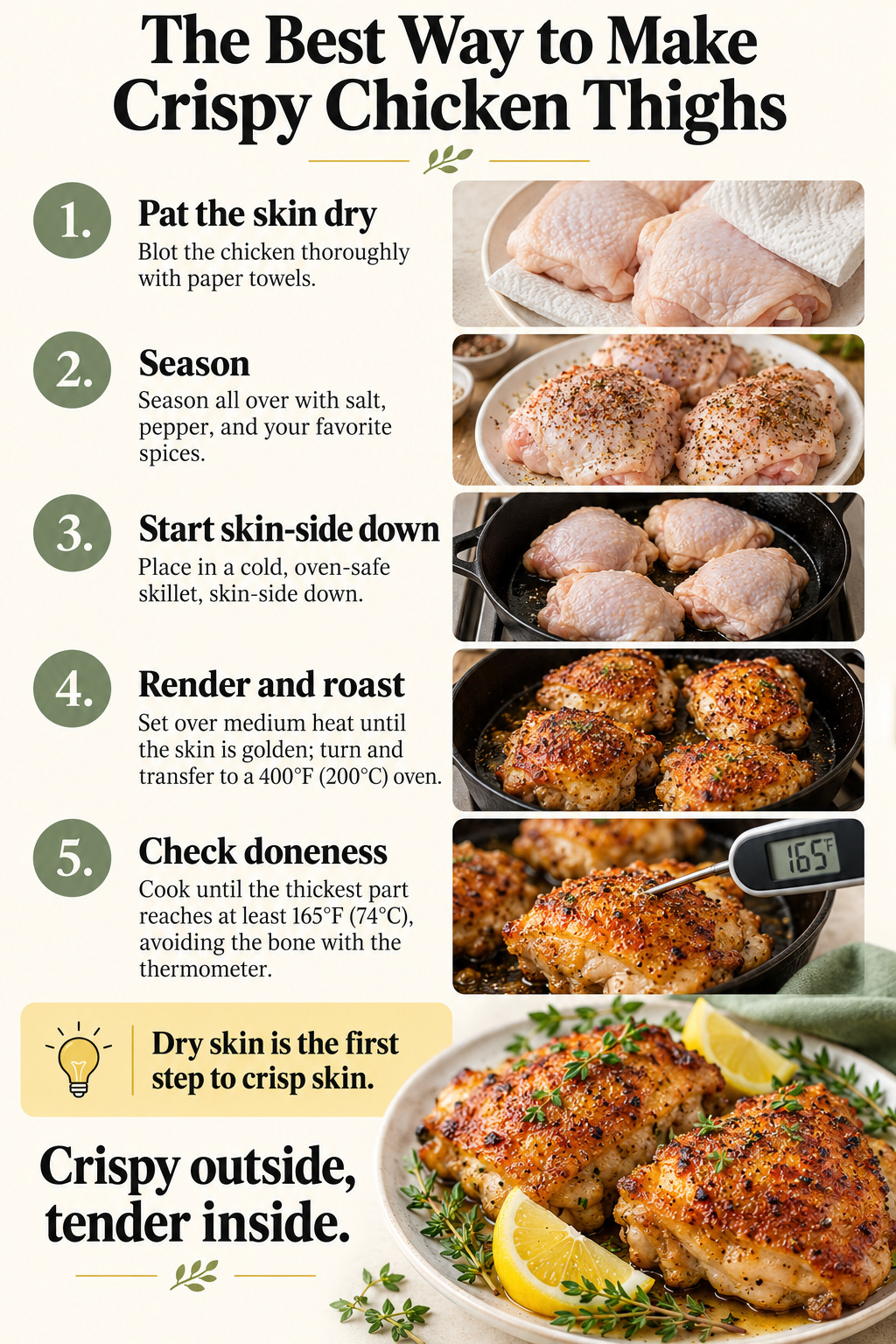 The Best Way to Make Crispy Chicken Thighs — five-step cooking infographic