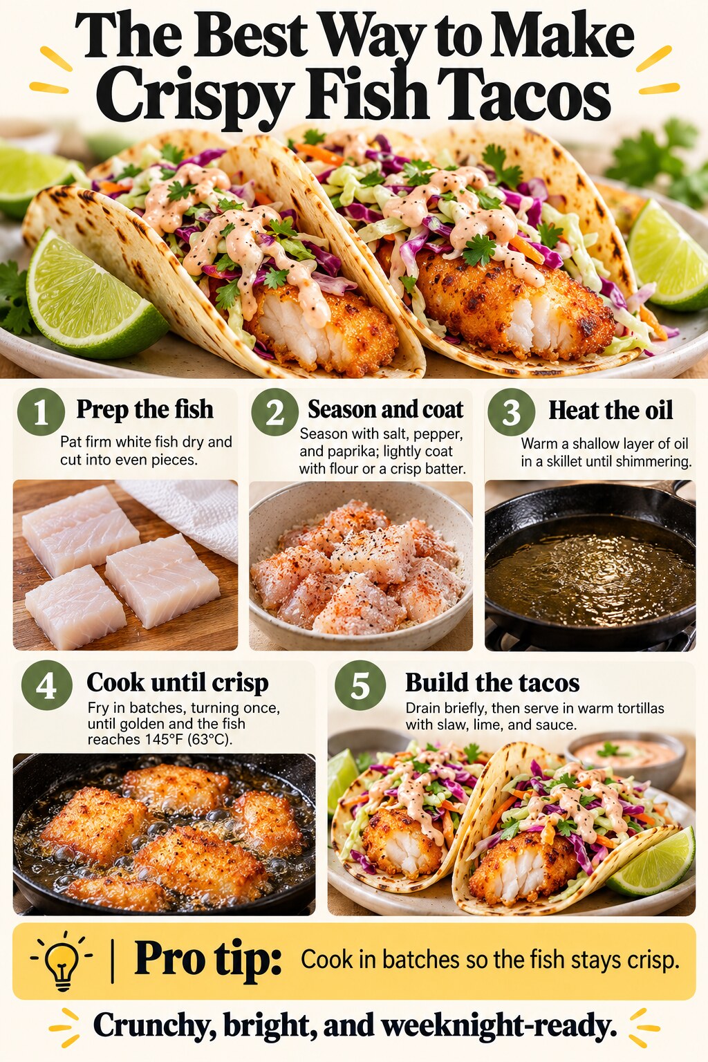 The Best Way to Make Crispy Fish Tacos — five-step cooking infographic