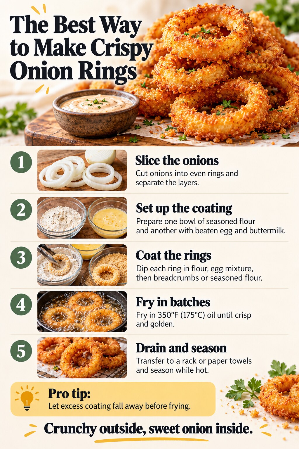 The Best Way to Make Crispy Onion Rings — five-step cooking infographic